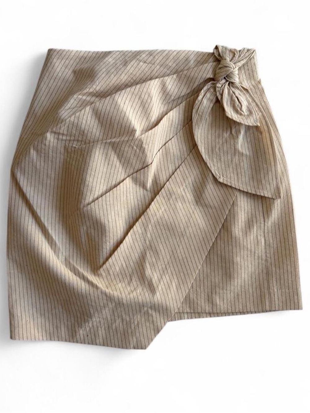 Striped Beige Wrap Mini Skirt with Side Tie